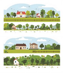 Flat Illustration of Houses in a Green Landscape