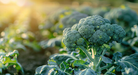 Wall Mural - A close-up shot of broccoli growing in the field, with sunlight filtering through the leaves, highlighting its vibrant green color and intricate details