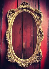 Ornate Gold Mirror Frame On Red Wooden Background