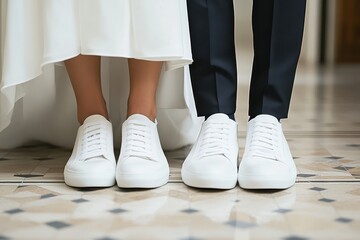 Close up of wedding footwear: the bride chic shoe and groom’s old-school sneakers create a minimal, retro look.