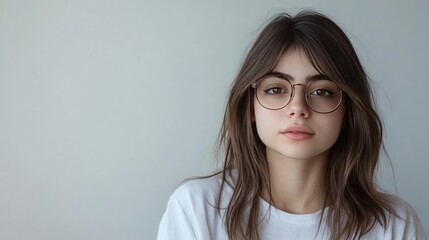 Close-up portrait of a young woman with long brown hair wearing round eyeglasses and a white t-shirt against a light grey background.