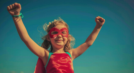 Wall Mural - A happy child dressed as a superhero with a raised fist and smiling against a blue sky background.