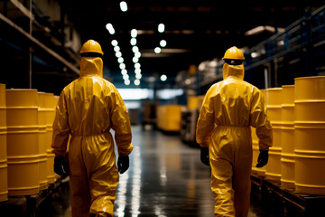 Two workers in yellow protective suits walk through a warehouse filled with yellow barrels, highlighting safety and industrial work.