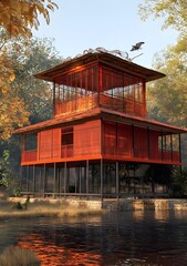 Wall Mural - Red Wooden House On Stilts Over Water With Trees In The Background