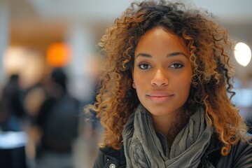 A young woman with curly hair and casual attire smiles warmly while standing in a public space, radiating confidence and approachability, highlighting natural beauty and style.