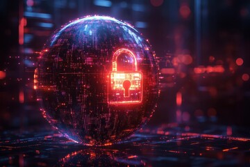 futuristic cyber security concept glowing digital padlock protecting a sphere of data streams and binary code dark background with neon accents