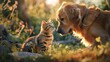 © Helois - A Golden Retriever and a tabby cat look at each other in a grassy field.