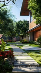 Wall Mural - Modern Home Exterior Design with Stone Pathway and Lush Greenery