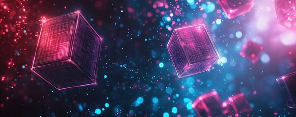 Abstract digital art with glowing neon cubes in a futuristic cyberpunk style, featuring vibrant pink and blue lights against a dark background.