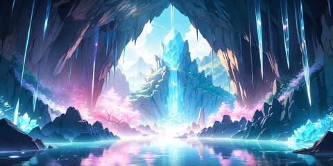 Sticker - Soft pastel anime style breathtaking panoramic view of a crystal background