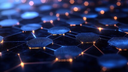 Wall Mural - Close-up of an abstract hexagonal network structure with glowing nodes and connections, representing futuristic technology and digital communication.