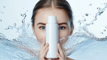 Canvas Print - Woman with a blue eye holds a white bottle in front of her face while being surrounded by water splashes.