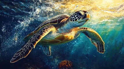 A Green Sea Turtle gracefully swims through a vibrant coral reef with warm sunlight illuminating the surface of the ocean.