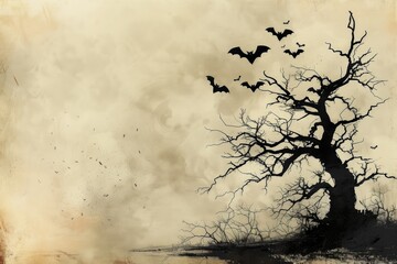 Wall Mural - tree in the sky silhouette bats halloween dark