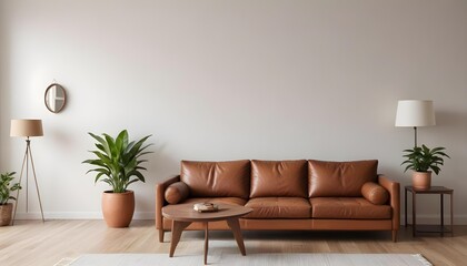 Wall Mural - A modern living room with a brown leather sofa, a potted plant, and a wooden side table.