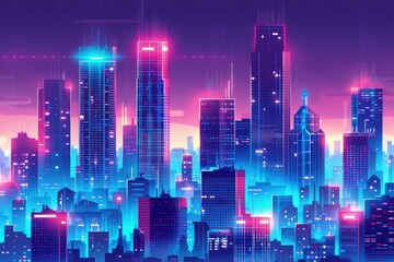 Wall Mural - a cityscape with neon lights and skyscrapers