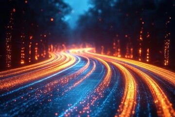 Wall Mural - futuristic highway with neon blue light trails streaking through darkness dynamic motion blur digita
