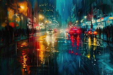 Wall Mural - a painting of a city street at night