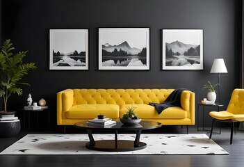 A modern living room with a yellow tufted sofa, a black coffee table, and three black and white landscape photographs on the wall.