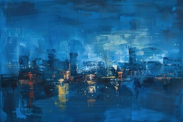 Wall Mural - a painting of a blue cityscape with buildings in the background