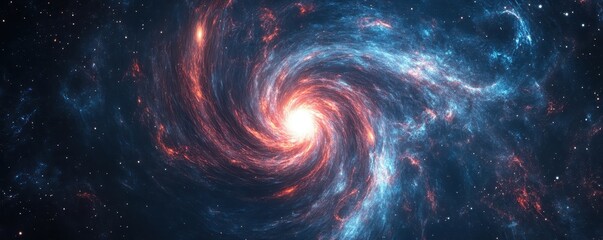 Stunning spiral galaxy in deep space with glowing center, bright stars, and colorful cosmic gases in vibrant red and blue hues.