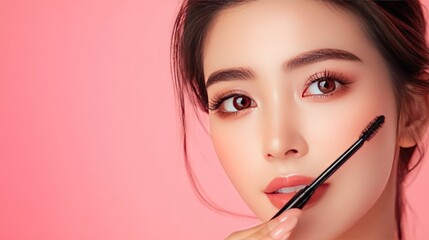 Poster - Closeup of a woman applying mascara to her eyelashes.