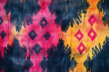 Wall Mural - Intricate background featuring vibrant pink, orange, and blue patterns of ikat fabric from Southeast Asia