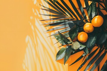 Wall Mural - Orange Fruit with Green Leaves on Yellow Background