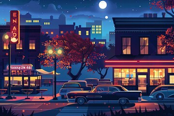 Wall Mural - a painting of a city at night with cars parked on the street