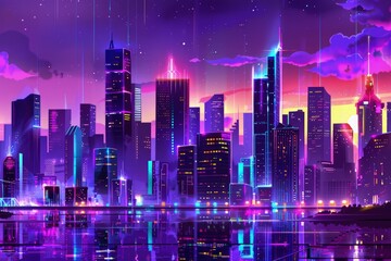 Wall Mural - a painting of a city skyline at night