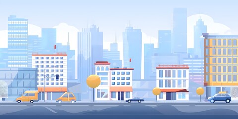 Wall Mural - Cartoon Cityscape with Buildings and Vehicles