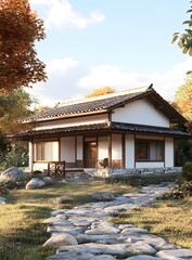 Poster - Japanese Traditional House with Stone Path and Autumn Leaves