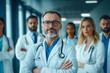 © alisluch - Confident senior doctor with a medical team standing in a hospital hallway, symbolizing leadership and healthcare expertise
