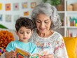 © WeeraWanderlust - Hispanic grandmother teaching a child to read in Spanish, surrounded by cultural symbols, emphasizing the importance of language in preserving heritage, warm home setting