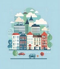 Wall Mural - Flat Design Cityscape Illustration With Buildings and Cars