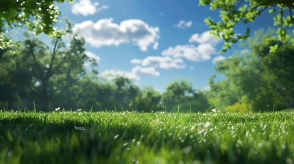 Wall Mural - Beautifully rendered blurry backdrop image of a well kept grass encircled by trees on a sunny bright blue day with clouds in the springtime