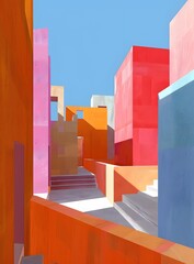 Wall Mural - Abstract Minimalist Architecture Illustration with Colorful Geometric Shapes and a Blue Sky Background