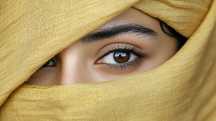 Canvas Print - Close-up of a woman's eye peeking out from behind a golden fabric.