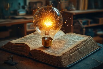 glowing light bulb emerging from an open ancient tome illuminating swirling constellations and mathematical equations in a dimly lit study