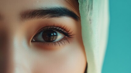 Canvas Print - Close-up of a woman's eye with long eyelashes and a turquoise background.