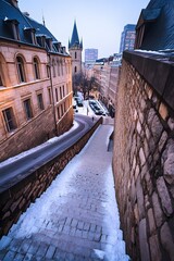 Snowy Stone Steps in a European City