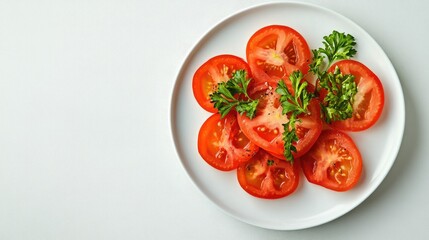 A minimalist white plate with neatly sliced tomatoes and parsley, against a soft, neutral background