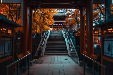 Poster - Autumn Leaves in Front of a Japanese Temple