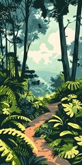 Jungle Path Illustration with Lush Greenery and Sunlight