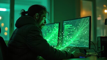 Programmer Visualizing Digital Data Streams in a Futuristic Environment