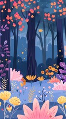 Wall Mural - Colorful Illustration of a Forest with Flowers