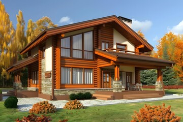 Sticker - Wooden Log Cabin House Exterior Design with Autumn Landscape