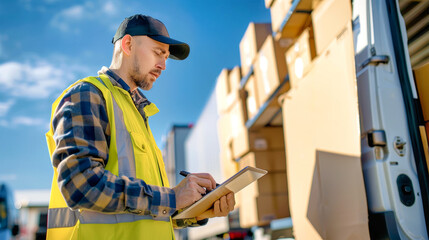 Wall Mural - A delivery man records details on a tablet while holding a cardboard box near a van stacked with boxes, all set against a clear blue sky