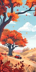 Wall Mural - Autumn Landscape with Red Car and Falling Leaves