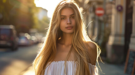 Wall Mural - A young blonde woman with long, straight hair, wearing white and walking down the street in a European city